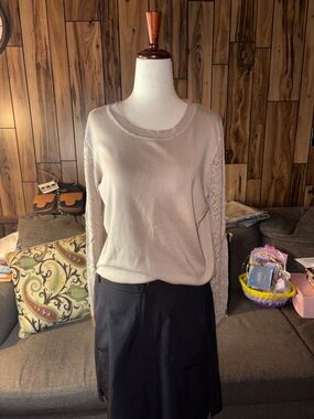 Women's Crewneck Knit Sweater with Lace Sleeves - Cream EUC